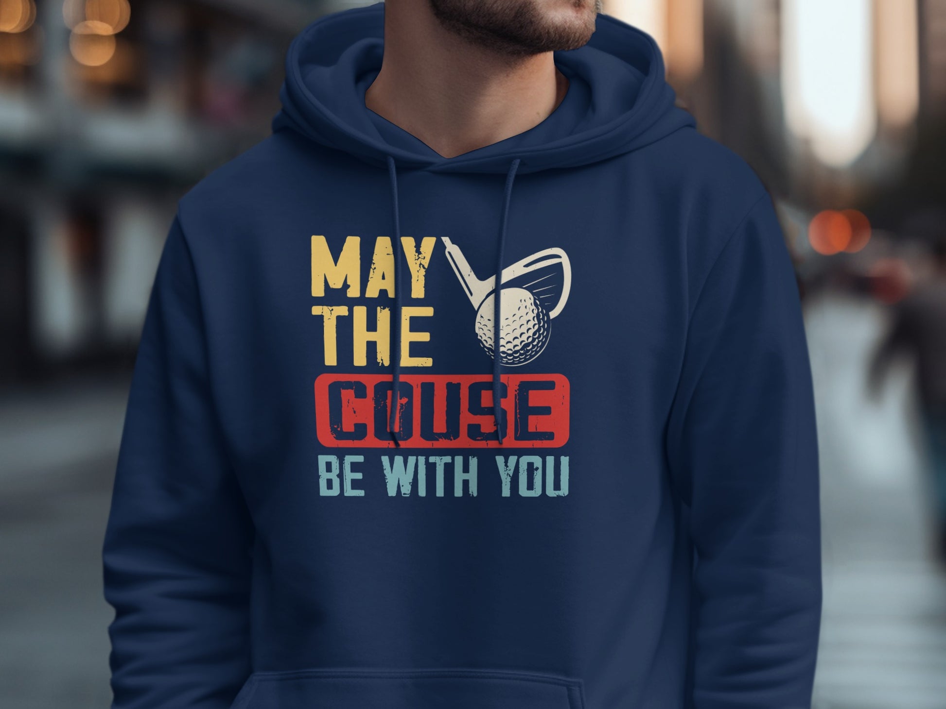 Navy hoodie with text "MAY THE COUSE BE WITH YOU" and golf imagery.