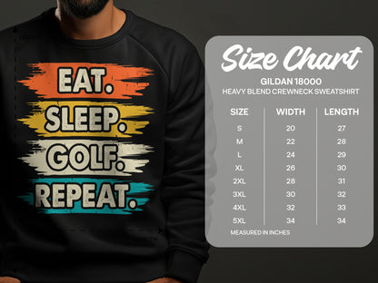 Crewneck sweatshirt with "Eat. Sleep. Golf. Repeat." graphic and size chart.