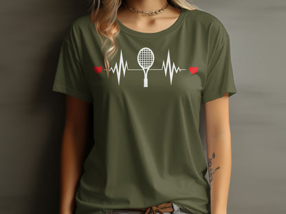 Green t-shirt with white tennis racket and heart rate design.