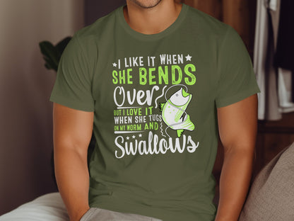 Green t-shirt with white text about fishing and a cartoon fish.