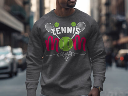 Gray sweatshirt with "TENNIS MOM" text, tennis rackets, and balls.