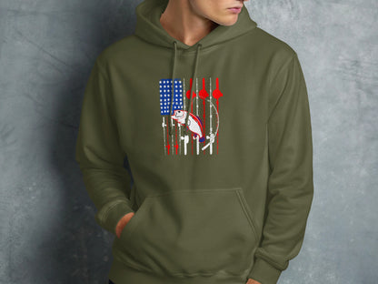 Green hoodie with American flag and fishing rod graphic.