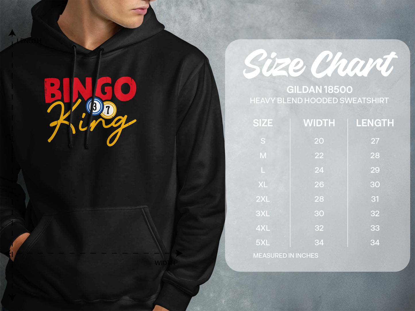 Hooded sweatshirt with "Bingo King" graphic and a size chart.