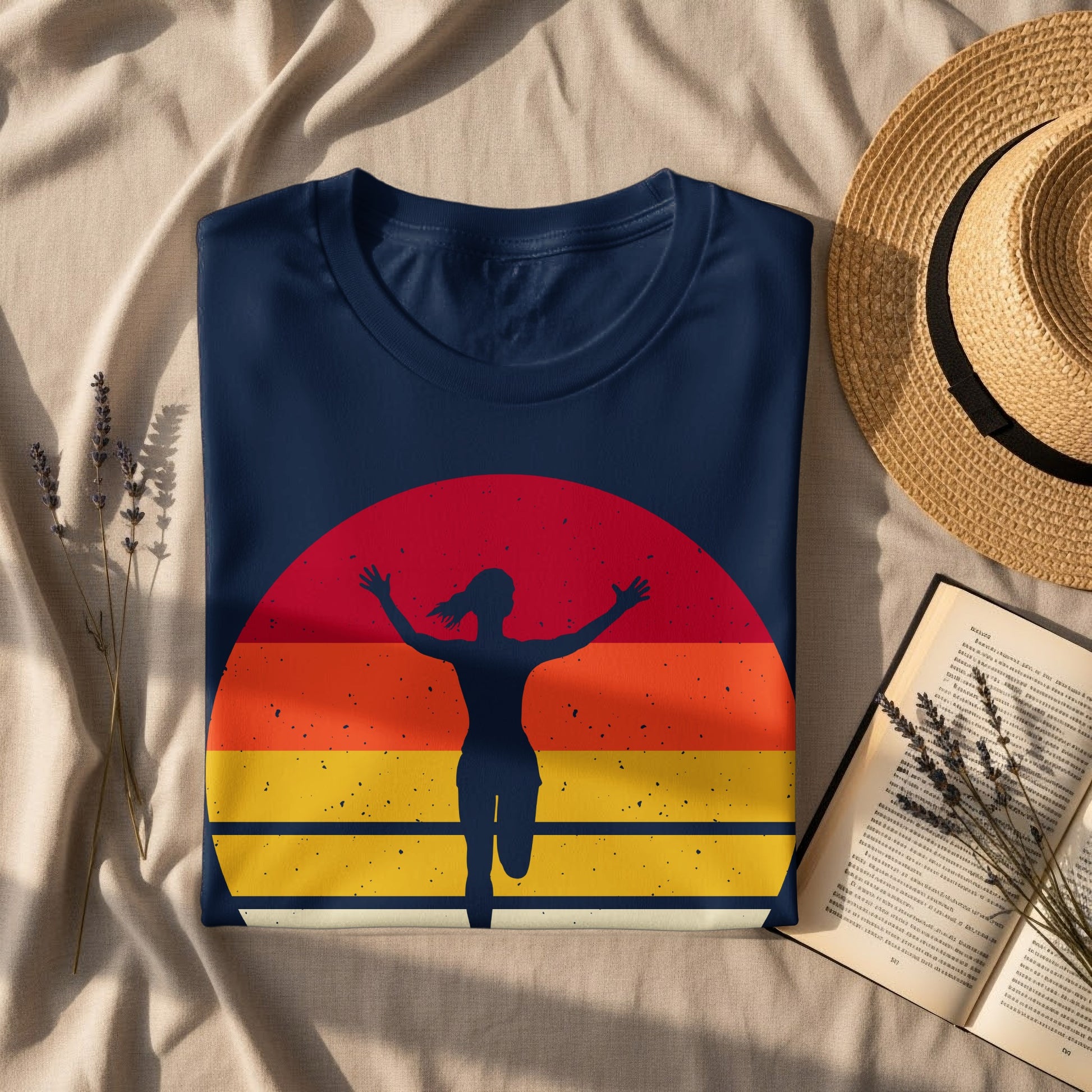 Dark blue t-shirt with a runner silhouette against a vintage sunset design.