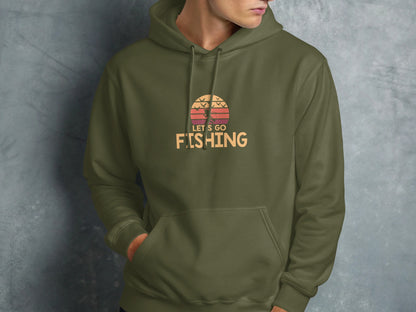 Olive hoodie with "Let's Go Fishing" text and sunset graphic.