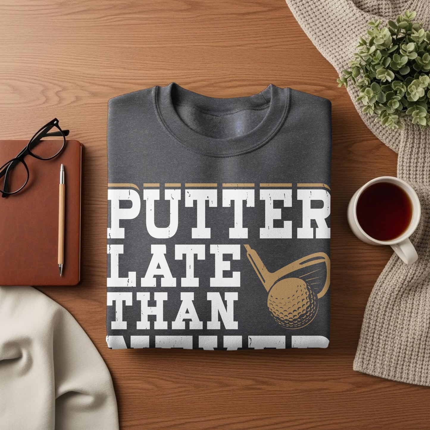 Dark grey sweatshirt with "PUTTER LATE THAN NEVER" and a golf club and ball.