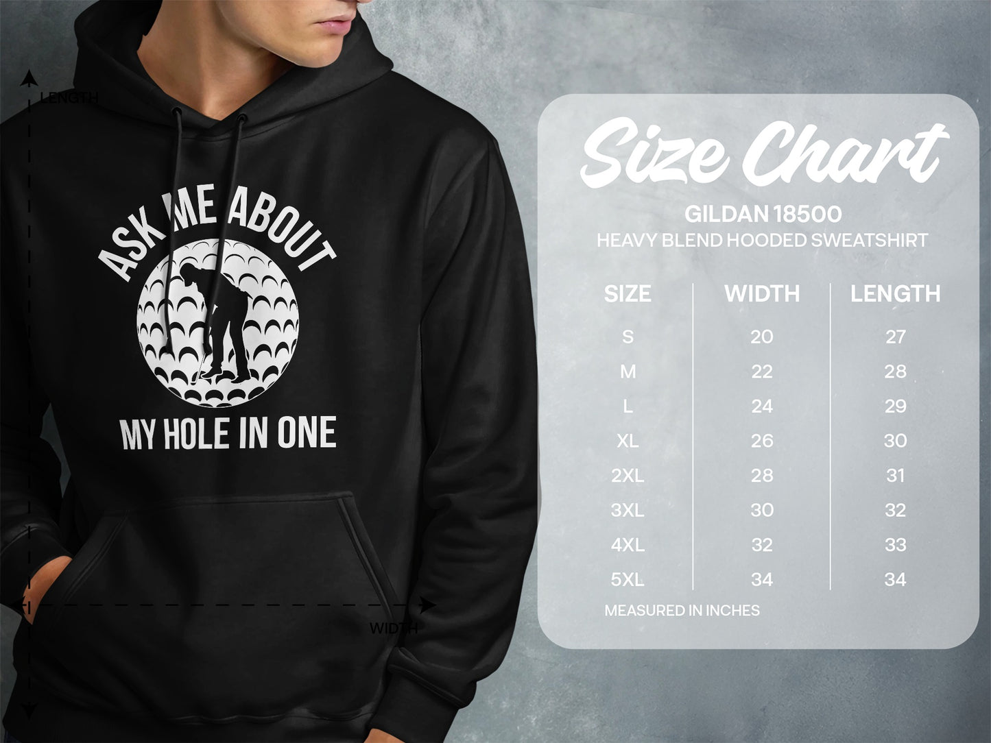 Black hooded sweatshirt with "Ask Me About My Hole In One" text and golf ball graphic.