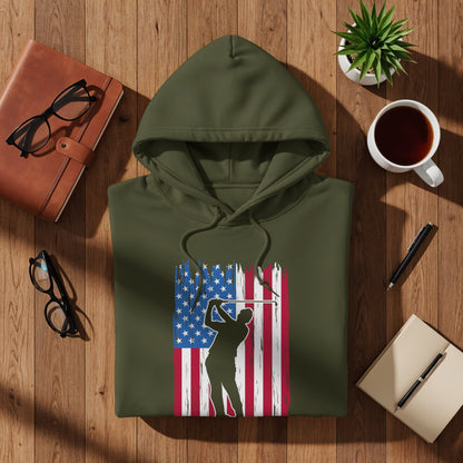 Green hoodie with distressed US flag graphic and golfer silhouette.
