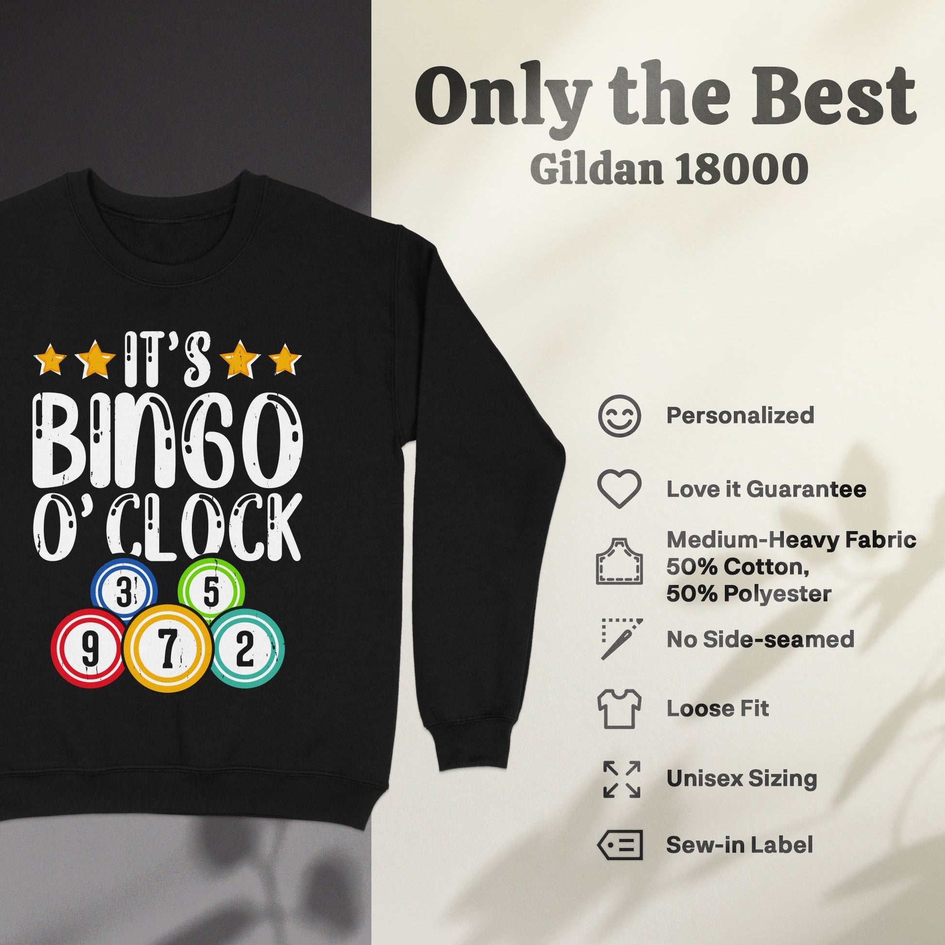 Black Gildan 18000 sweatshirt with "It's Bingo O'Clock" design and bingo balls.