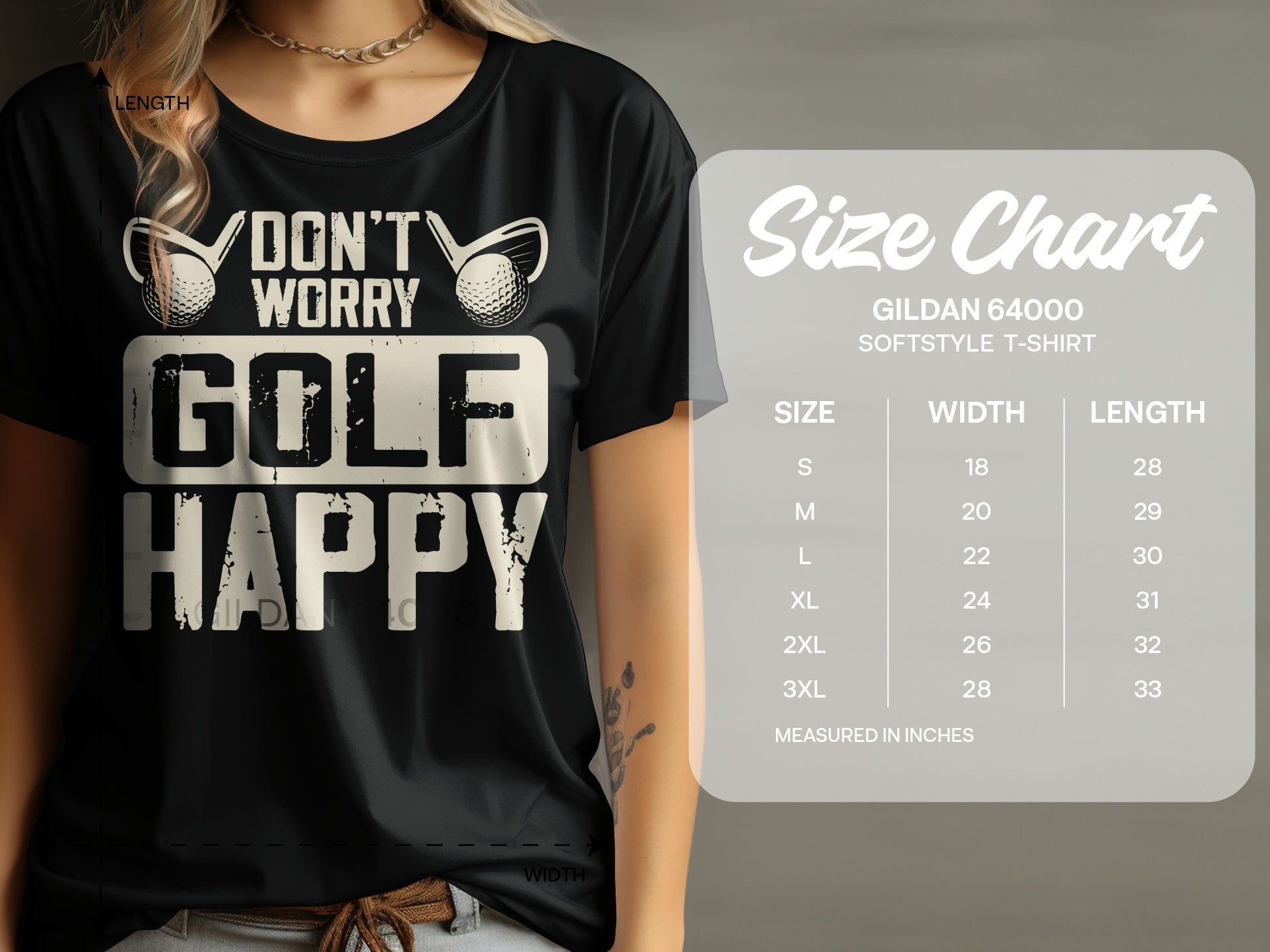 Black t-shirt with "Don't Worry Golf Happy" text and a size chart.
