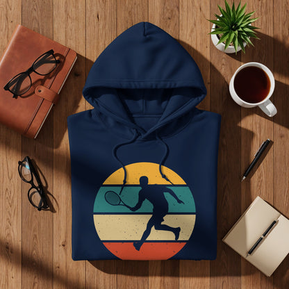 Navy blue hoodie with a vintage tennis player graphic on a striped circle.