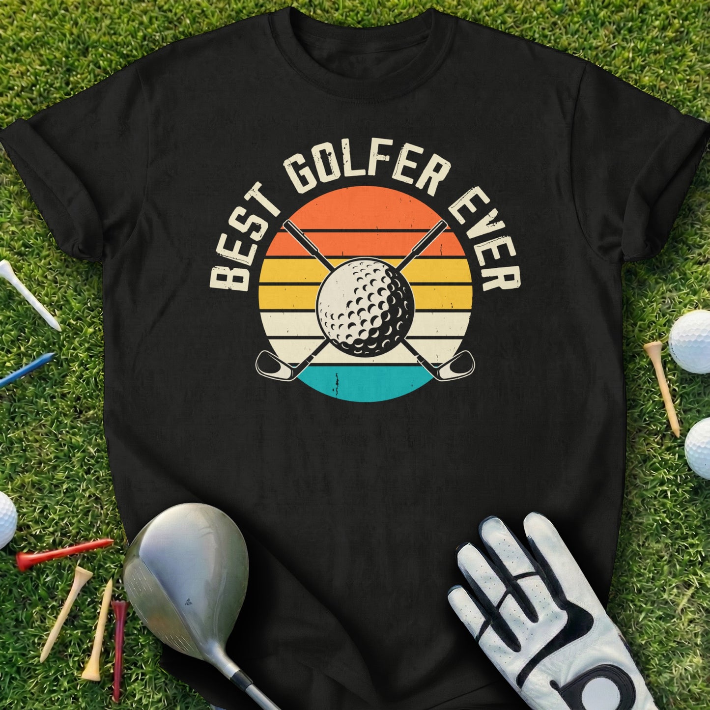 Black t-shirt with "Best Golfer Ever" text and golf ball graphic.