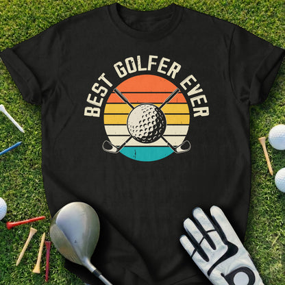Black t-shirt with "Best Golfer Ever" text and golf ball graphic.