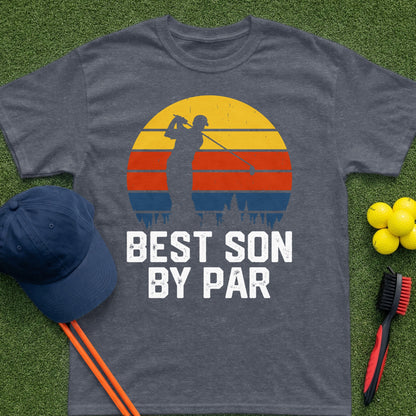 T-shirt with a silhouette of a golfer against a striped sunset and the text "BEST SON BY PAR".