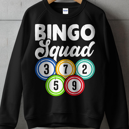 Black sweatshirt with "Bingo Squad" and colorful bingo balls.