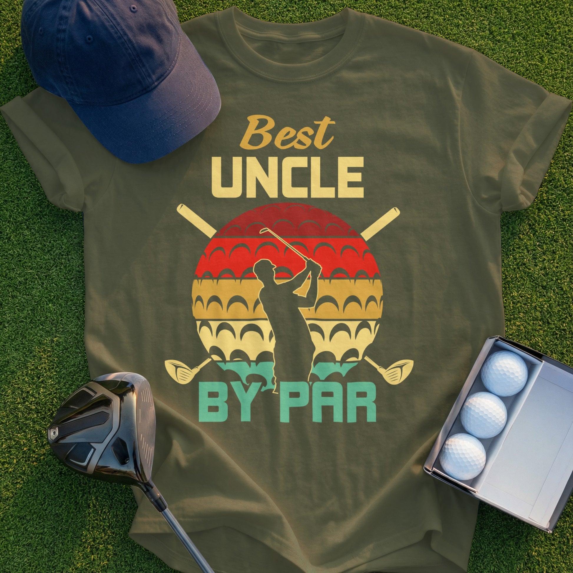 Green t-shirt with "Best Uncle By Par" text and golfer graphic.