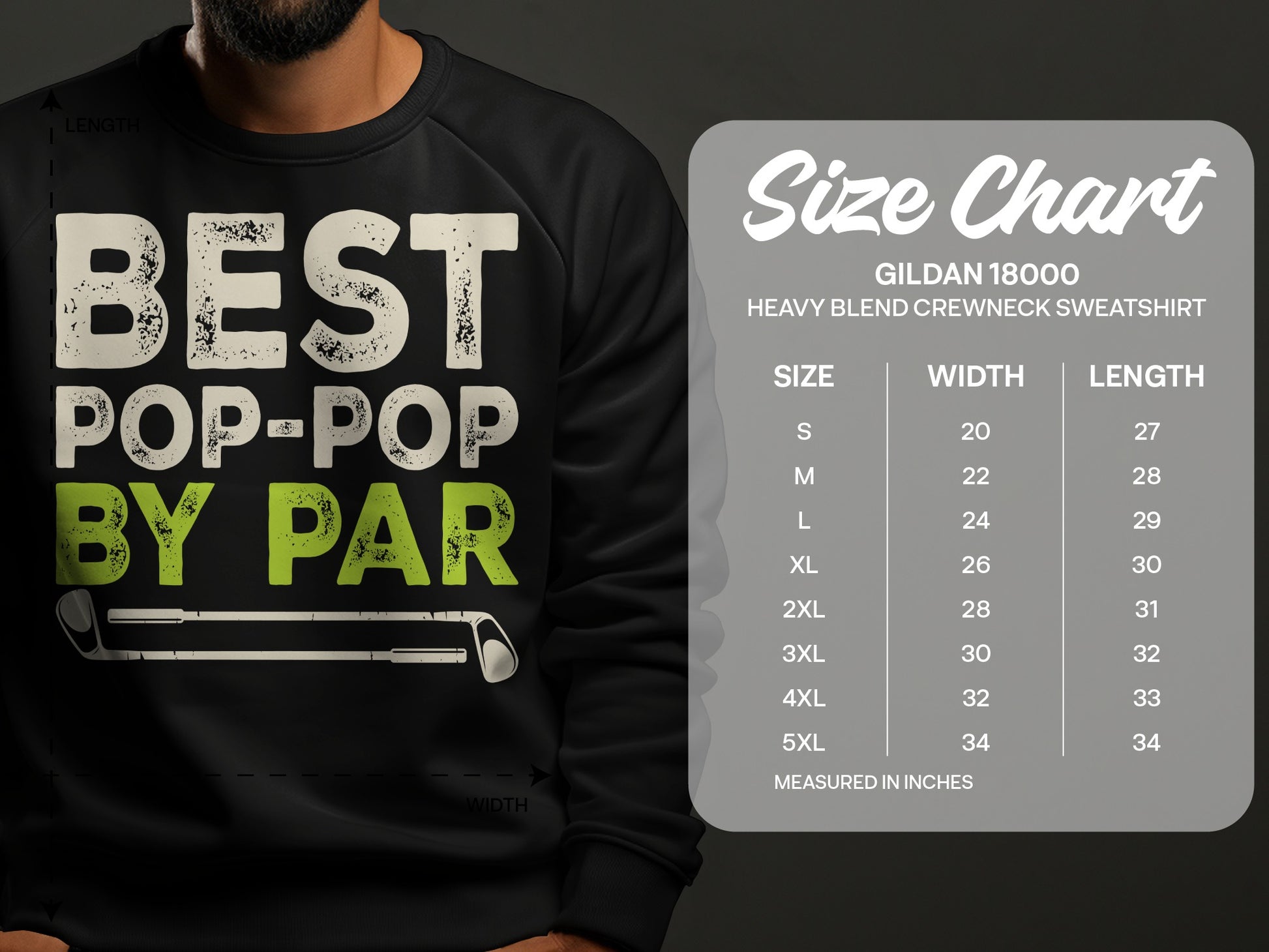 Crewneck sweatshirt with "BEST POP-POP BY PAR" text and size chart.
