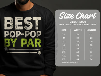 Crewneck sweatshirt with "BEST POP-POP BY PAR" text and size chart.