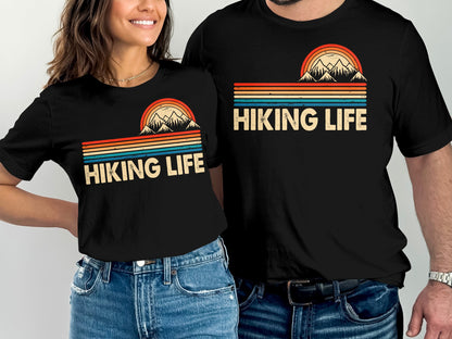 Two black t-shirts with "HIKING LIFE" and a mountain sunset graphic.