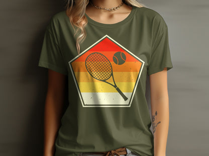 Retro tennis racket and ball graphic on a vintage-style pentagon design.