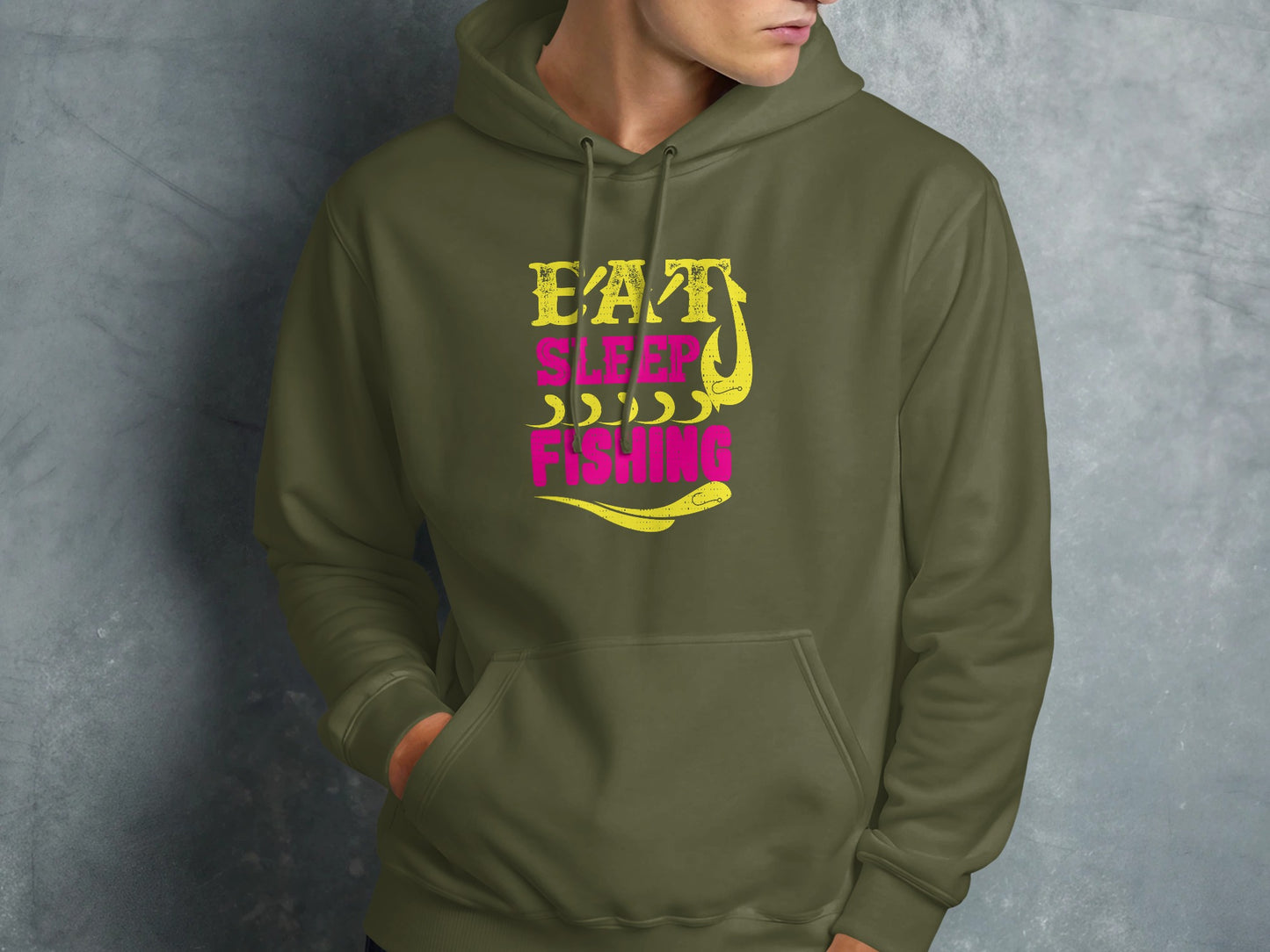 Green hoodie with "Eat Sleep Fishing" text and fish graphic.