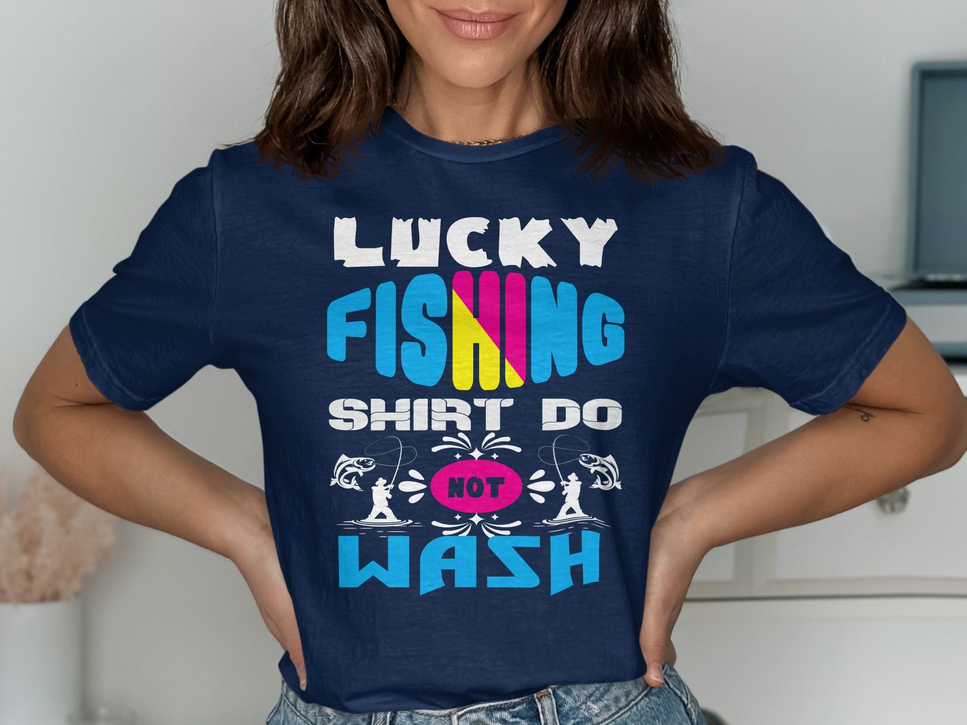 Navy t-shirt with "Lucky Fishing Shirt Do Not Wash" text and fishing graphics.
