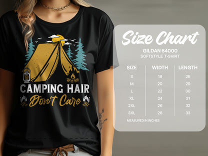 Black t-shirt with tent graphic and "Camping Hair Don't Care" text and a size chart.