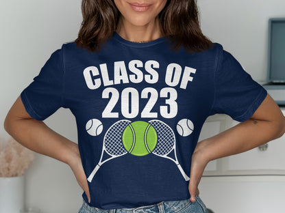 Navy t-shirt with "CLASS OF 2023" text and tennis ball graphics.