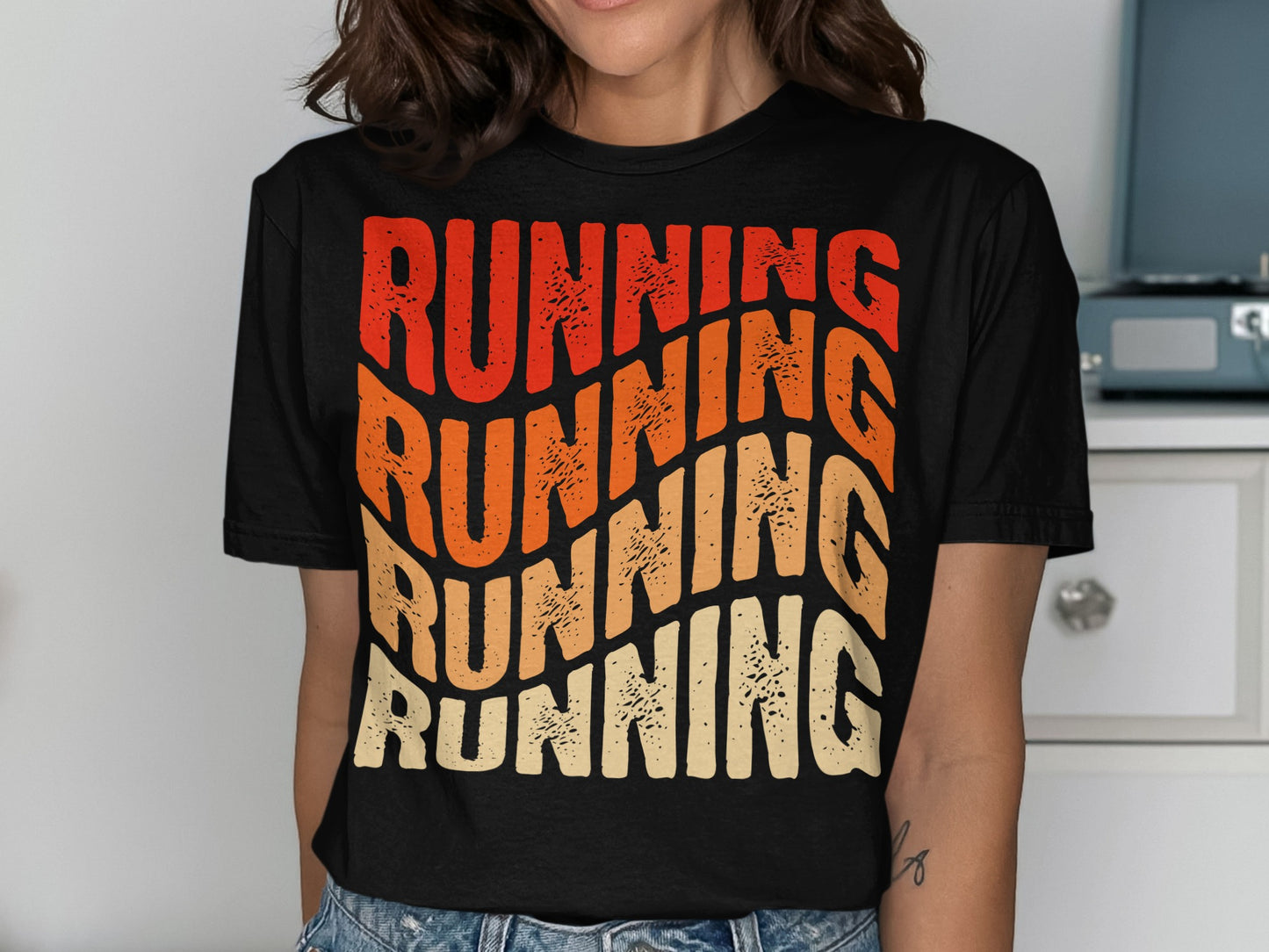 Black t-shirt with "RUNNING" in stacked, wavy, colorful text.