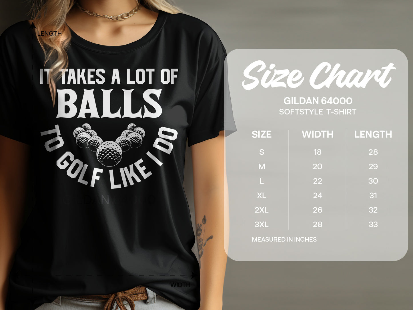 Black t-shirt with "It Takes a Lot of Balls to Golf Like I Do" text and golf ball graphic.