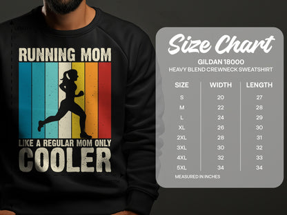 Running Mom graphic sweatshirt with size chart for Gildan 18000 sweatshirt.