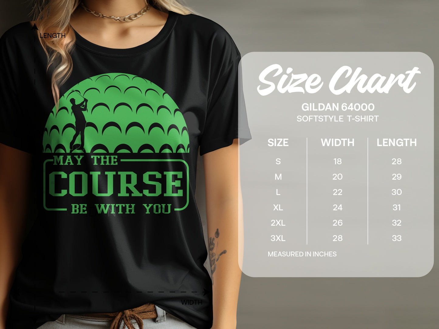 Black t-shirt with "May the Course Be With You" golf graphic and size chart.