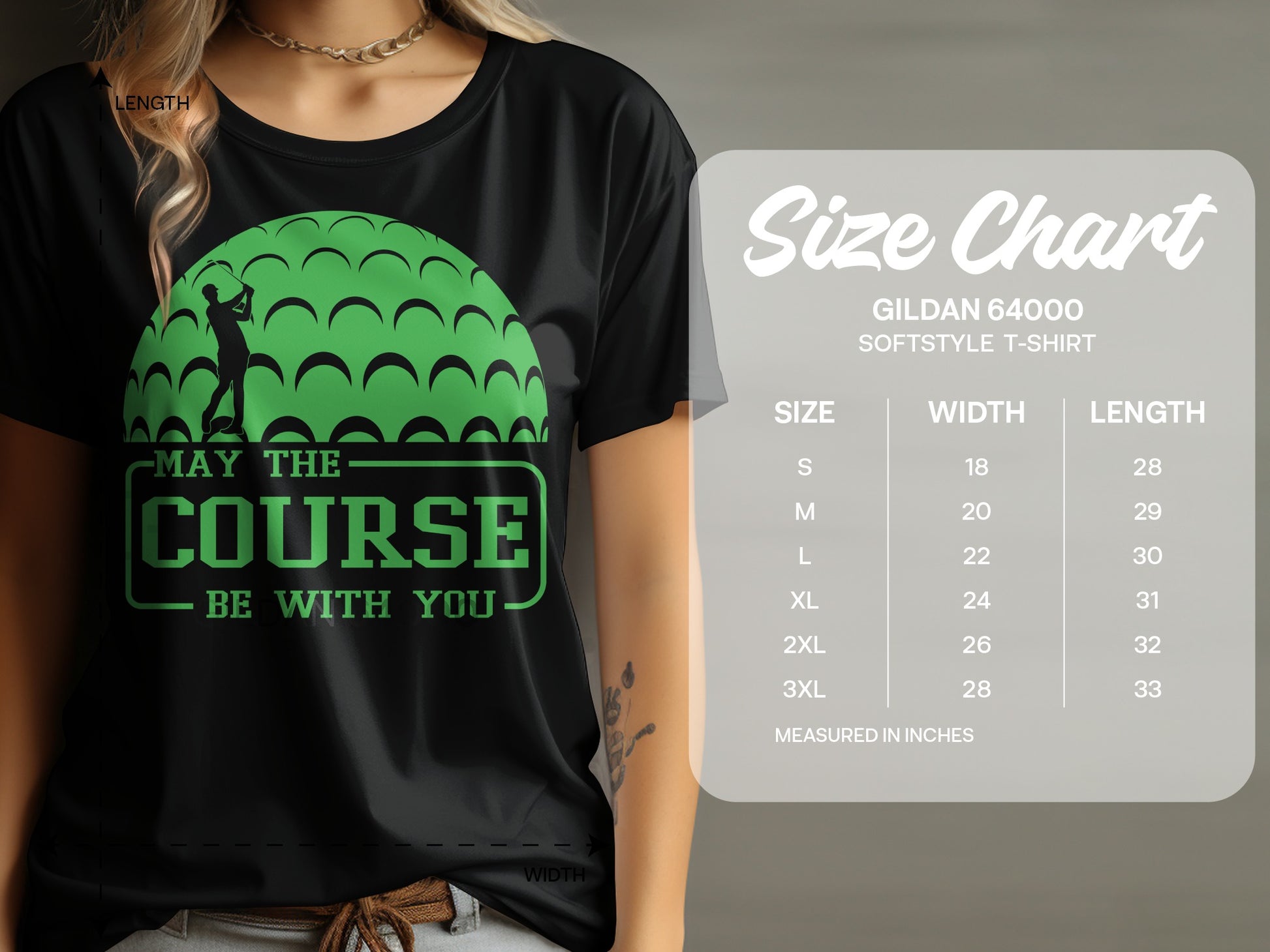 Black t-shirt with "May the Course Be With You" golf graphic and size chart.