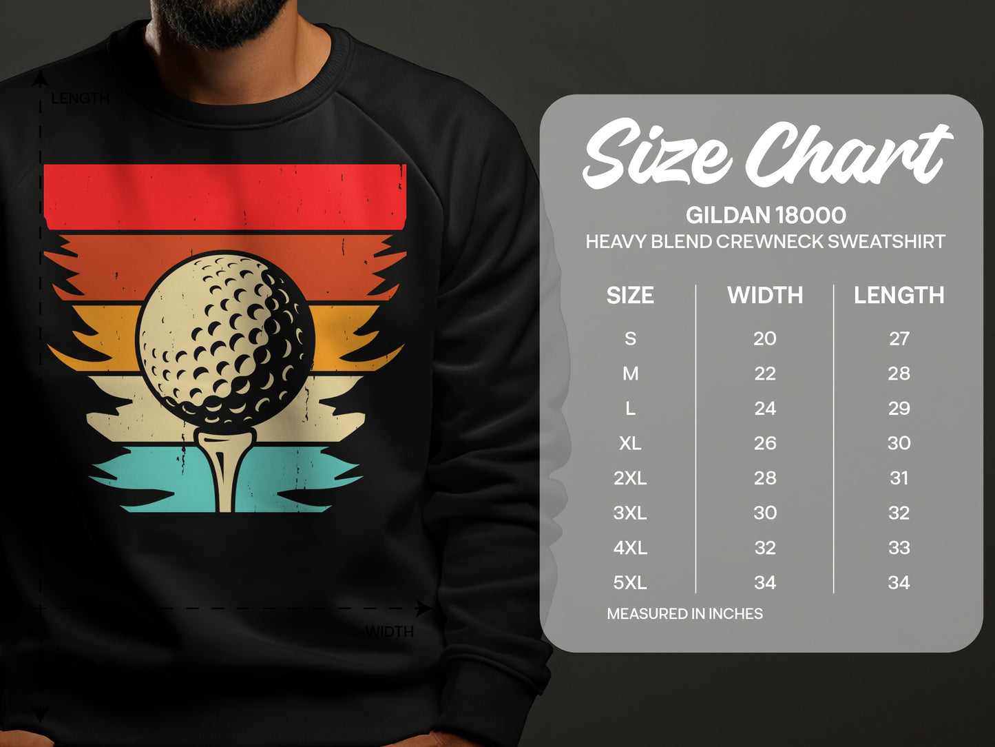 Golf ball on tee with sunset graphic and Gildan 18000 sweatshirt size chart.