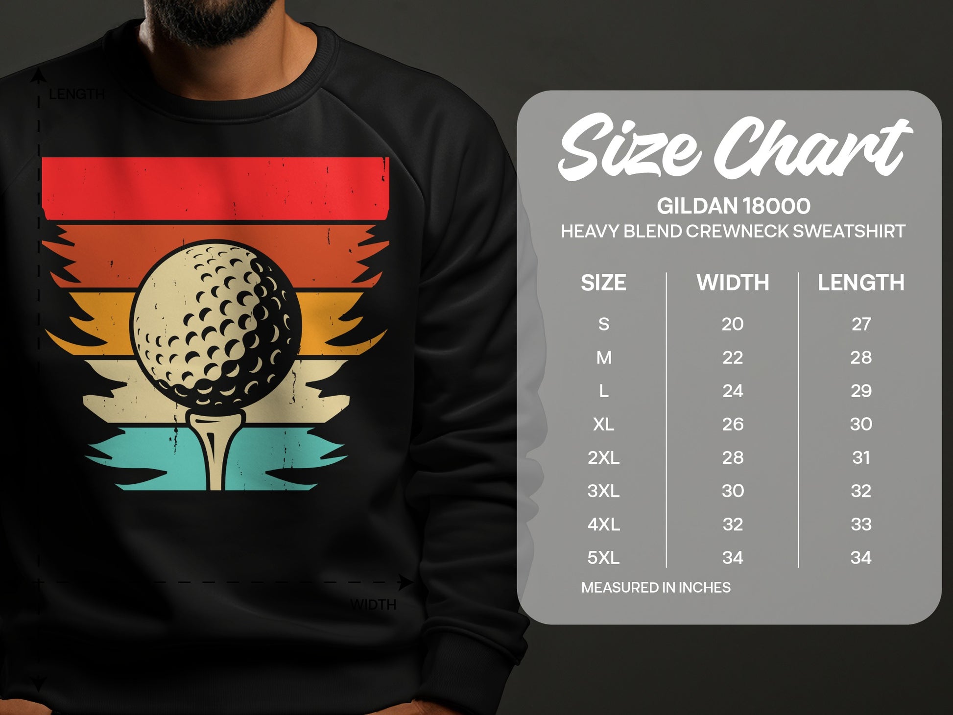 Golf ball on tee with sunset graphic and Gildan 18000 sweatshirt size chart.