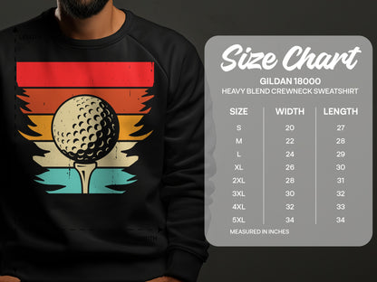 Golf ball on tee with sunset graphic and Gildan 18000 sweatshirt size chart.