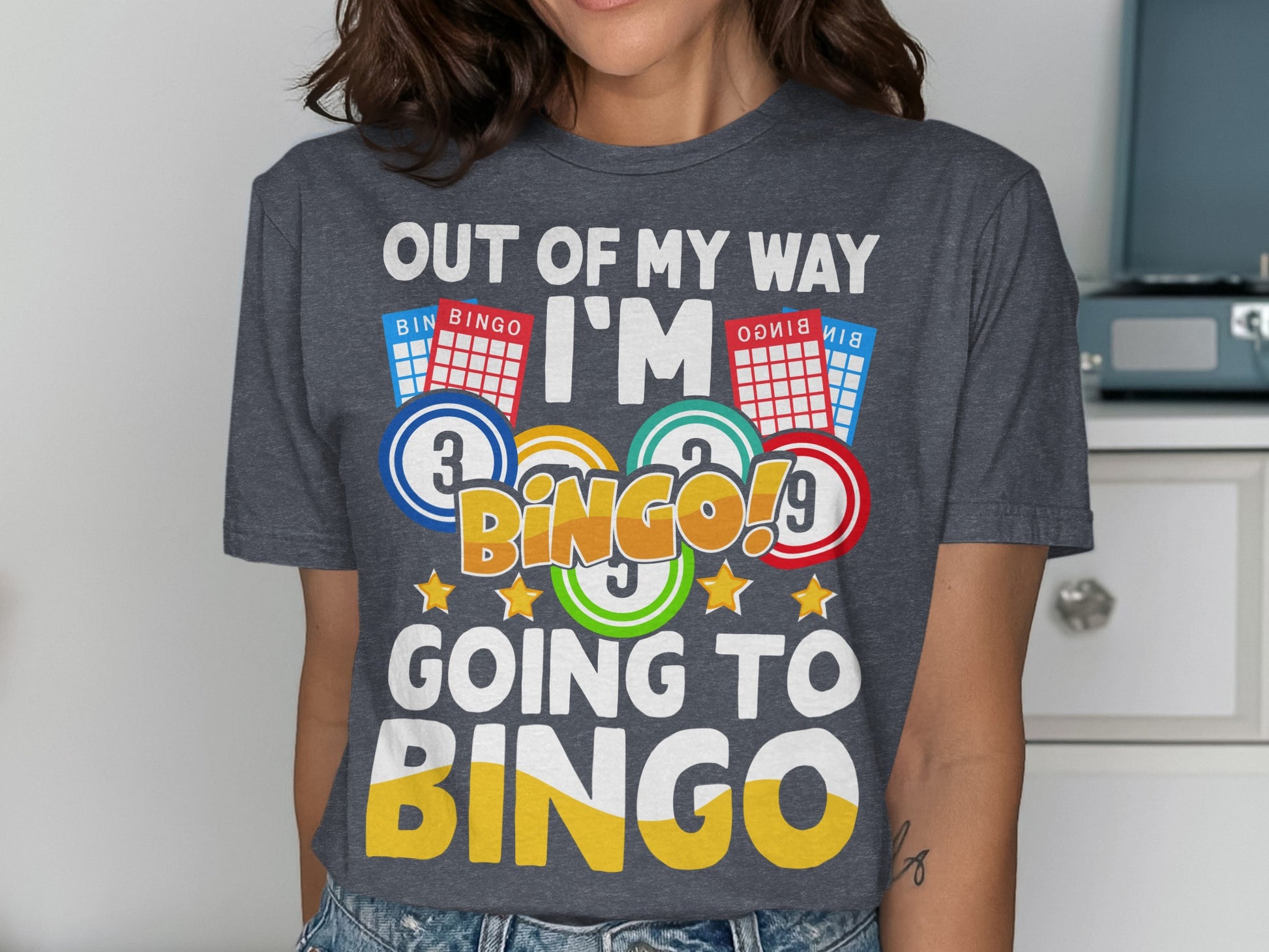 Grey t-shirt with "I'm going to Bingo!" graphic and bingo cards.