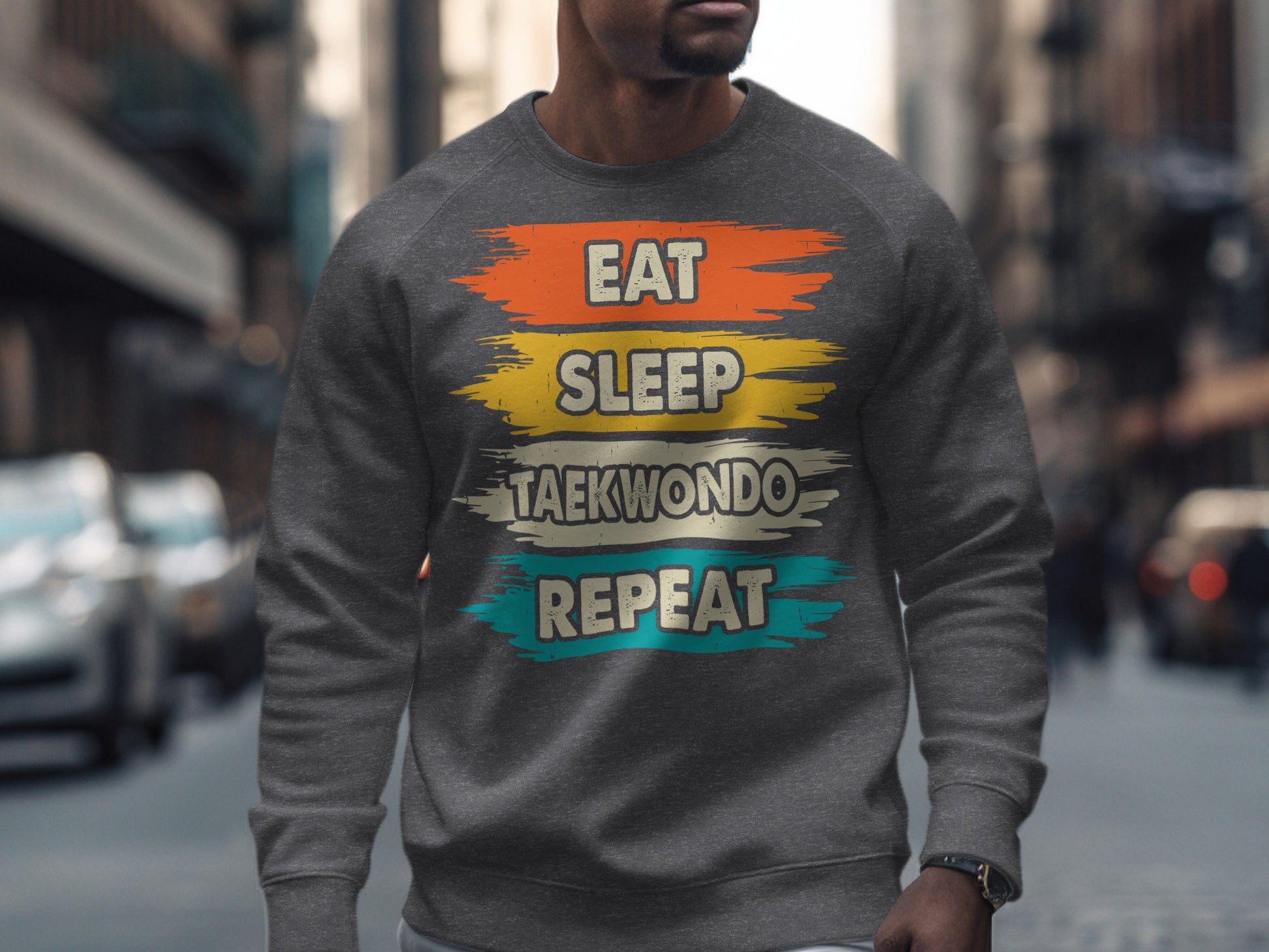 Gray sweatshirt with "Eat Sleep Taekwondo Repeat" text in colorful stripes.