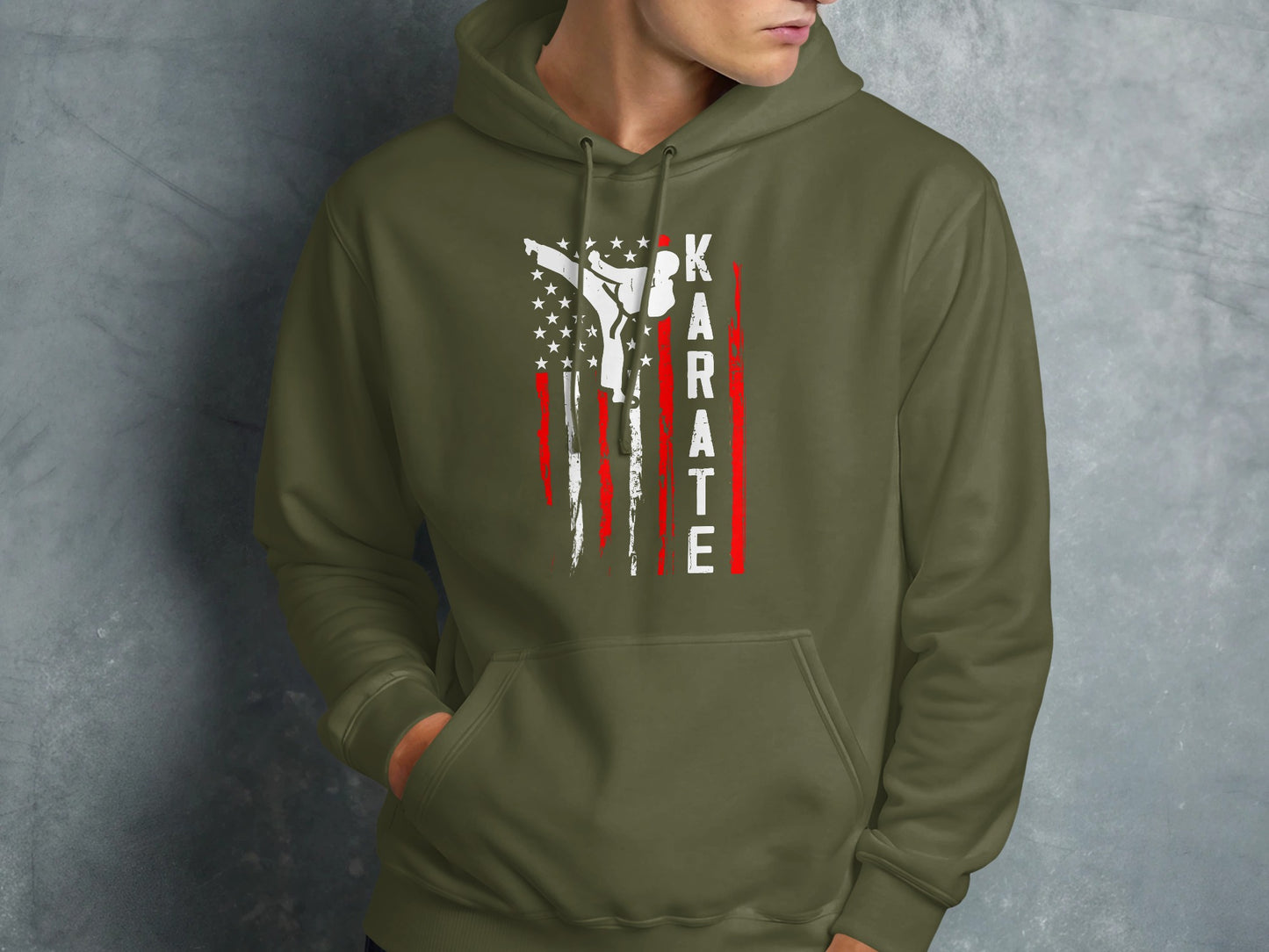 Olive green hoodie with a distressed American flag and "KARATE" text design.