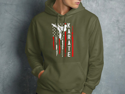 Olive green hoodie with a distressed American flag and "KARATE" text design.