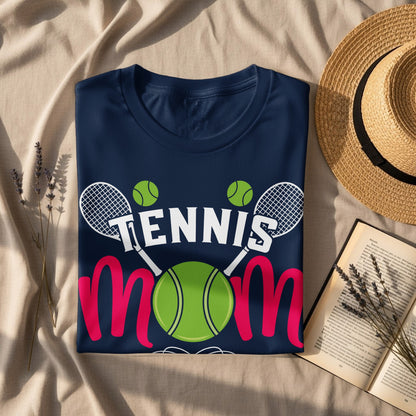 Navy t-shirt with "Tennis Mom" text, tennis rackets, and balls design.
