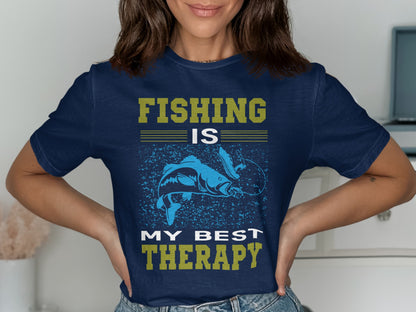 Navy t-shirt with "Fishing is My Best Therapy" graphic and leaping fish.