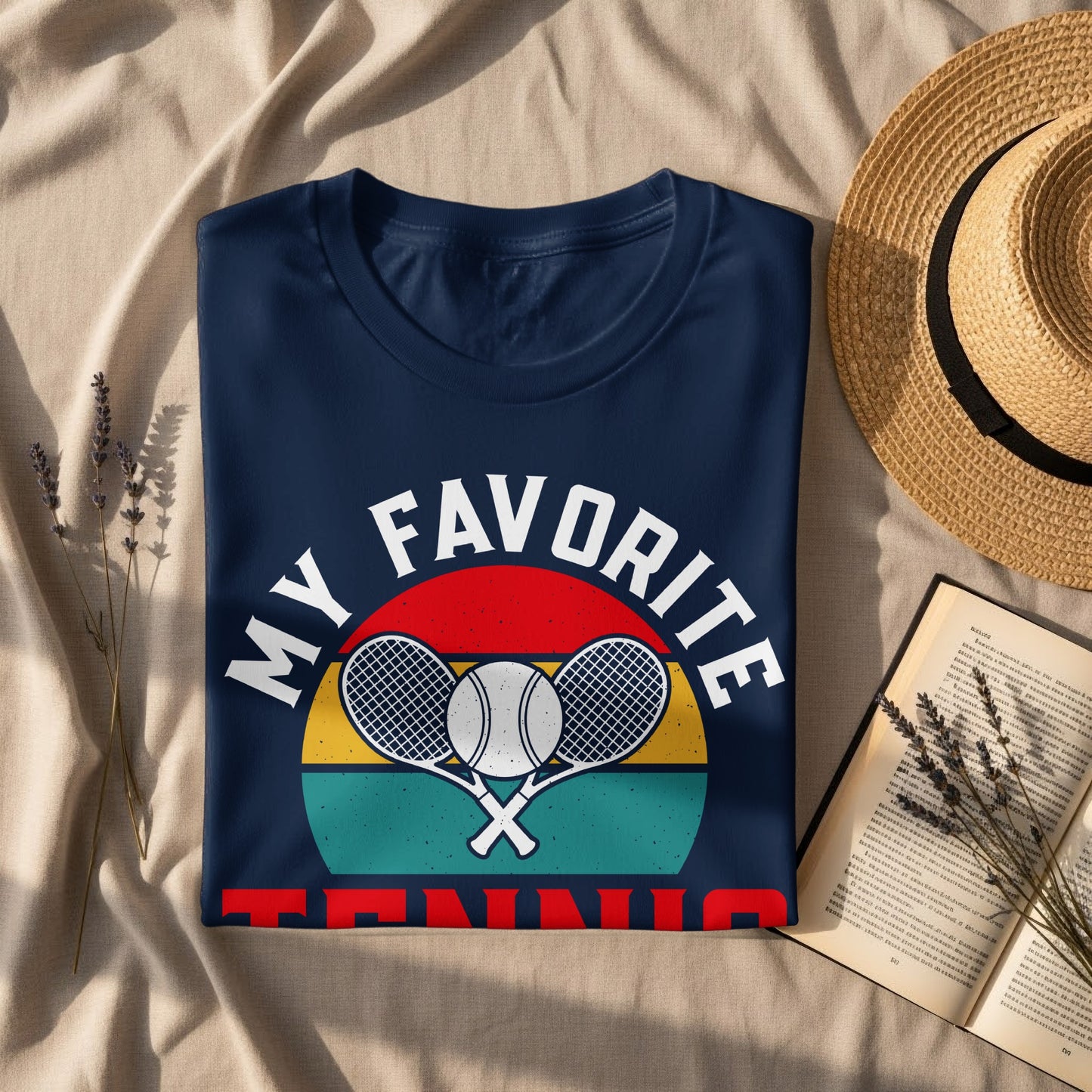 Navy t-shirt with "My Favorite Tennis" text and crossed rackets graphic.