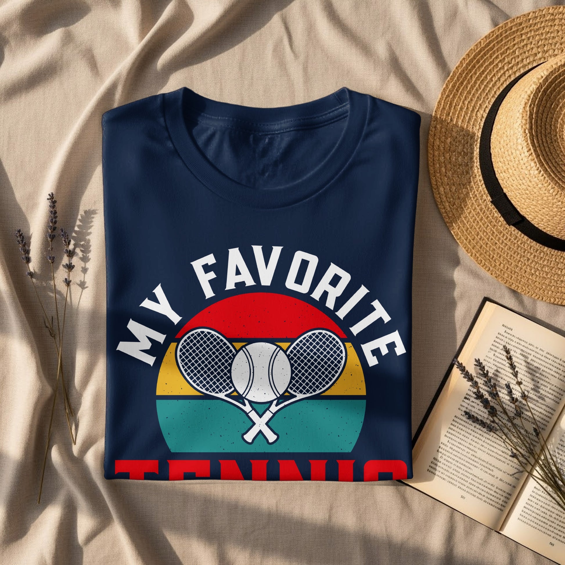 Navy t-shirt with "My Favorite Tennis" text and crossed rackets graphic.