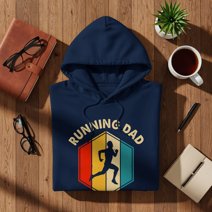 Navy hoodie with "Running Dad" text and runner graphic on colorful hexagon.