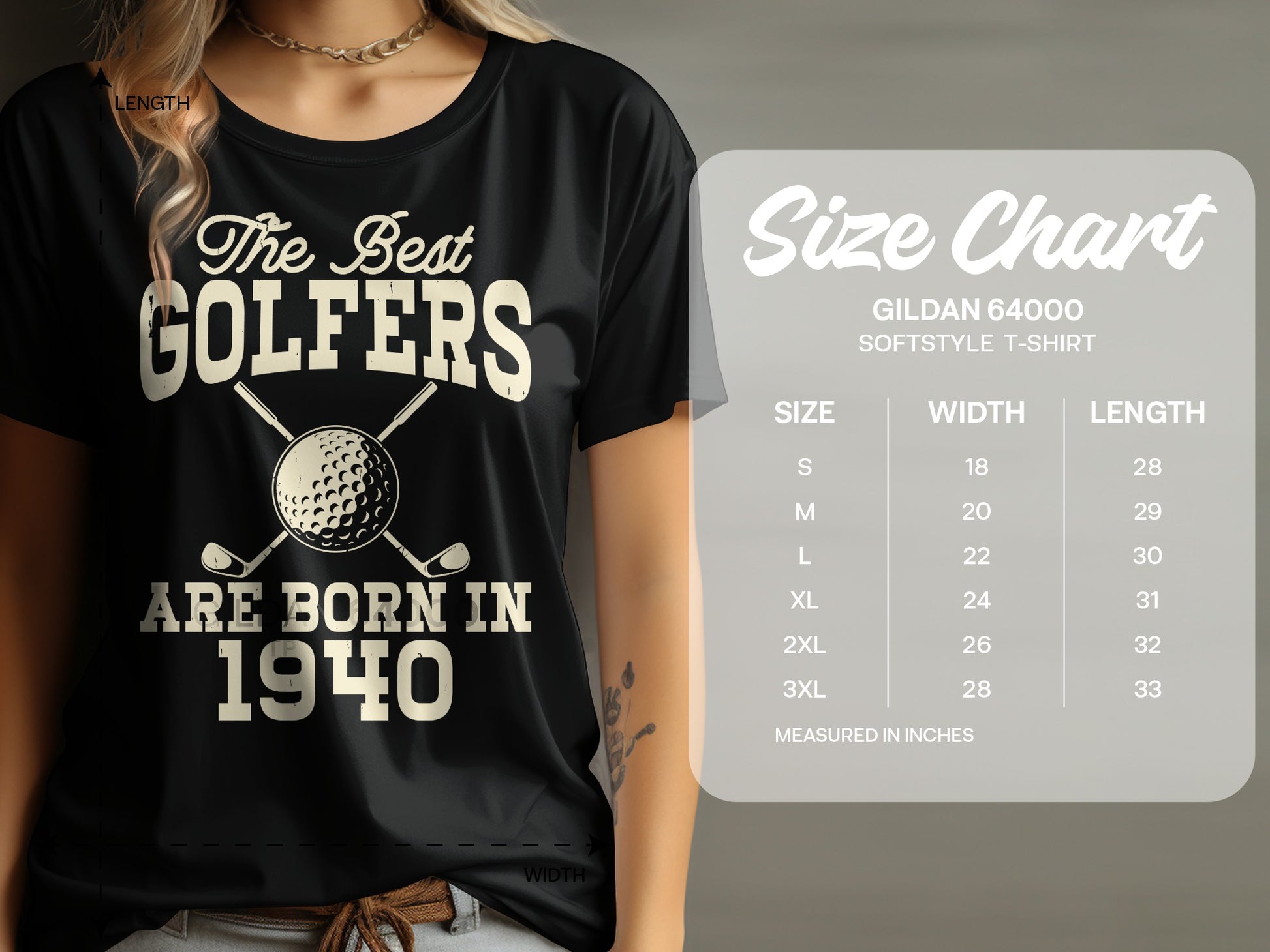 Black t-shirt with "The Best Golfers Are Born In 1940" and size chart.