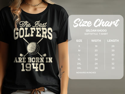 Black t-shirt with "The Best Golfers Are Born In 1940" and size chart.