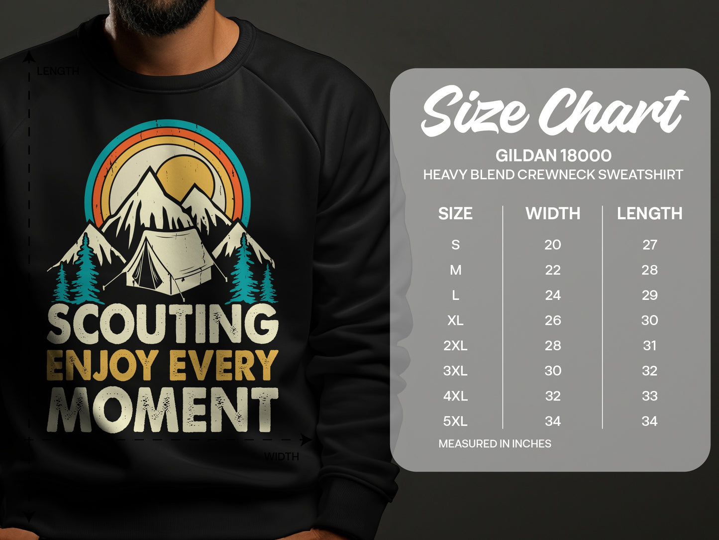Sweatshirt with "Scouting Enjoy Every Moment" text and a mountain scene illustration.