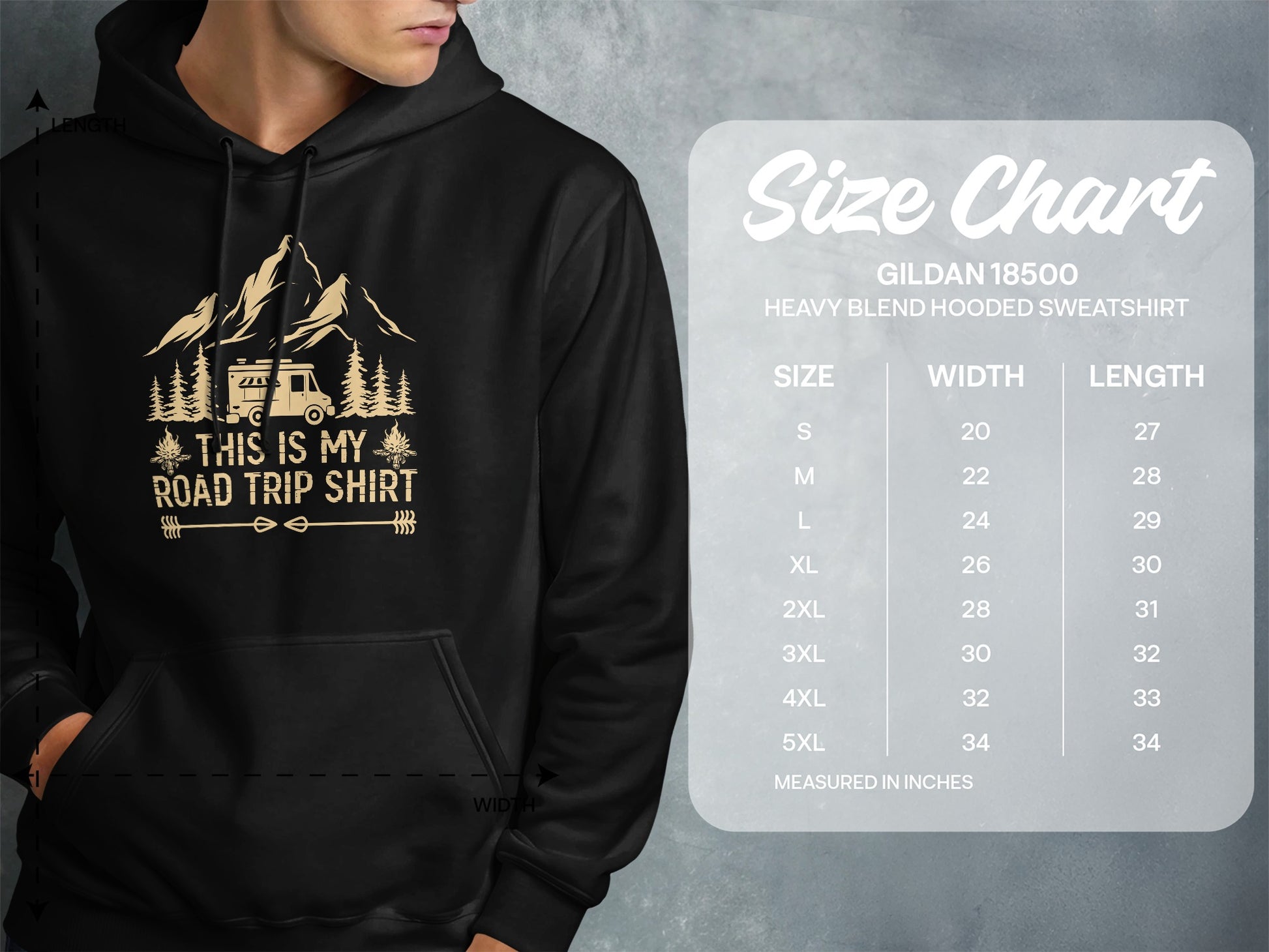 Hooded sweatshirt size chart with graphic of RV and mountains.