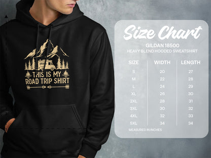Hooded sweatshirt size chart with graphic of RV and mountains.
